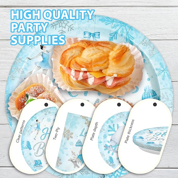 96Pcs Ice Skating Birthday Party Decorations Blue Ice Skating Snowflake Plates and Napkins Sets Winter Wonderland Ice Skating Party Decorations for Girls Baby Shower Skate Theme Supplies Serves 24 ﻿