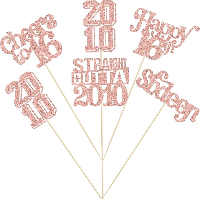Gyufise 15Pcs Happy 16th Birthday Centerpiece Sticks Sixteen Straight Outta 2010 Table Flower Centerpieces Sticks for Cheers to 16th Birthday Party Supplies Rose Gold