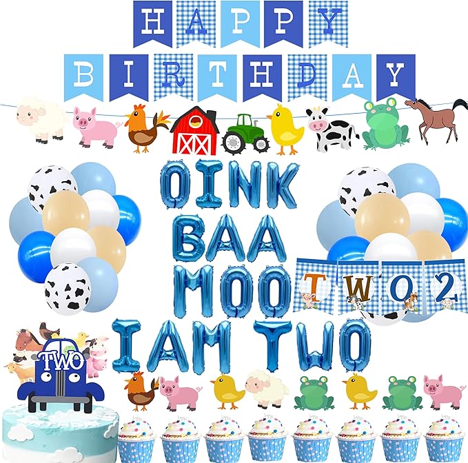 Oink Baa Moo Im Two Birthday Boy,Farm Animal 2nd Birthday Party Decorations Boy,2nd Birthday Party Decorations Boy.Blue 2nd Truck Birthday Party For Boy