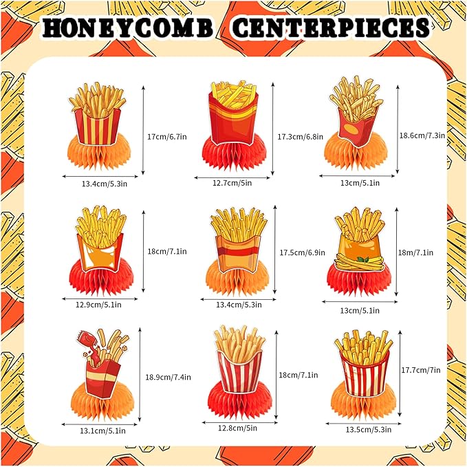 9 PCS French Fries Table Decorations Honeycomb Centerpiece, French Fries Centerpieces Table Topper for Fast Food French Fries Party Decorations Birthday Party Supplies