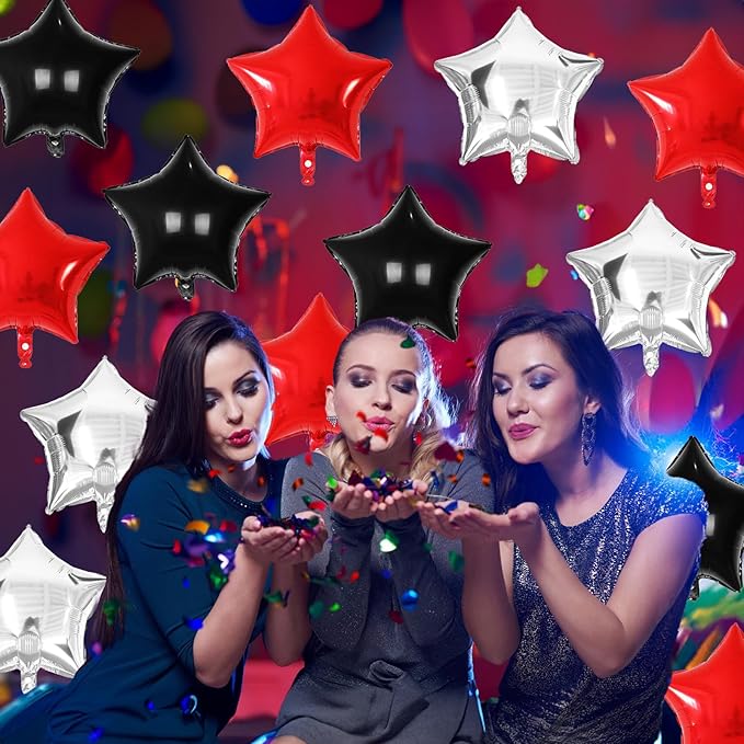 Black Red Star Balloons, 18 Inch 12Pcs Black Red and Metallic Silver Star Shape Foil Balloon, Large Helium Pentagram Balloons for Kids Birthday Casino Racing Car Poker Theme Halloween Party Decor