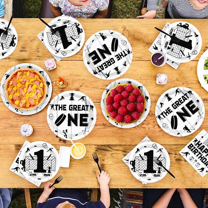 96 Pcs Ice Hockey 1st Birthday Party Supplies The Great Hockey Party Plates and Napkins Disposable Sports Games Themed Tableware Set for Kids Boys One Year Old Birthday Decorations Serves 24