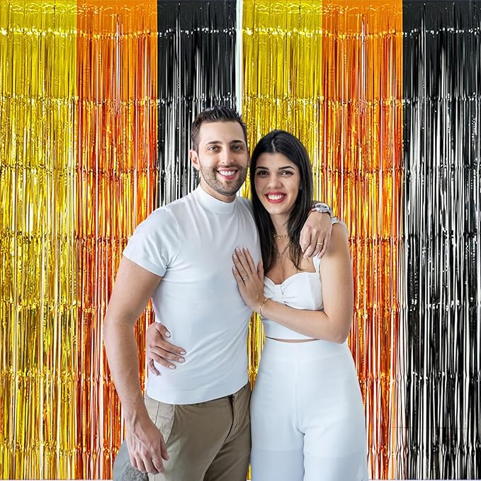 2 Pack Construction Foil Fringe Curtains, 3.3x6.6 ft Yellow Orange and Black Tinsel Fringe Streamers Photo Booth Backdrop for Construction Party Decoration, Birthday Party Supplies