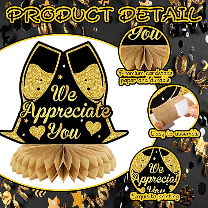 12 Pcs Thank You Decorations Honeycomb Centerpiece Employee Appreciation Decor We Appreciate You Table Decorations Thank Table Topper for Doctor Employee Party Supplies(Gold and Black)