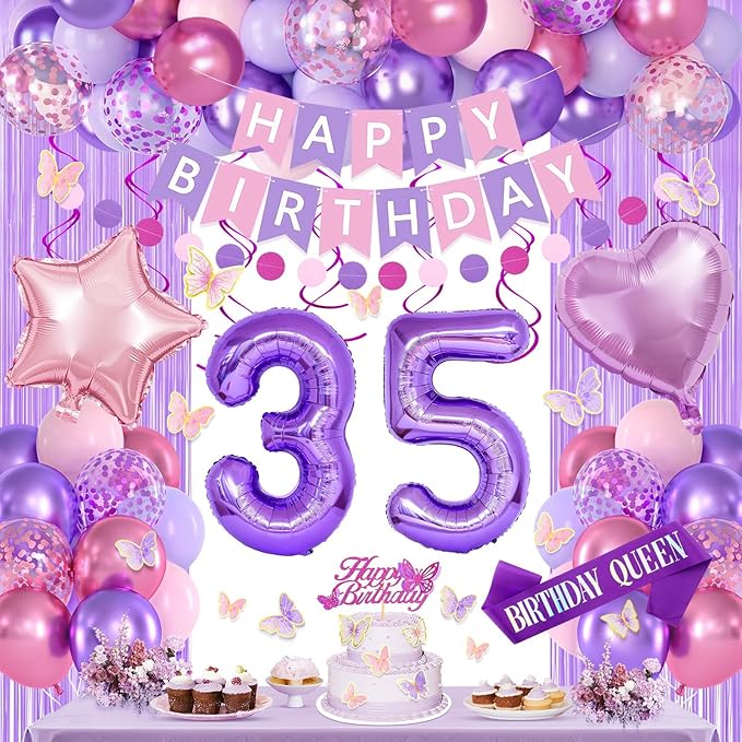 35th Purple Birthday Decorations for Women, Pink and Purple Happy 35 Birthday Party Decorations with Happy Birthday Banner, Number Foil Balloons, Butterfly Cake Topper for 35th Party Supplies