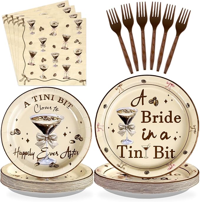 96Pcs Tiny Bit Bridal Shower Party Decorations A Bride In A Tiny Bit Paper Plates and Napkins Espresso Martini Bachelorette Tableware Set for Bridal Shower Bride To Be Party Wedding Supplies Serves 24