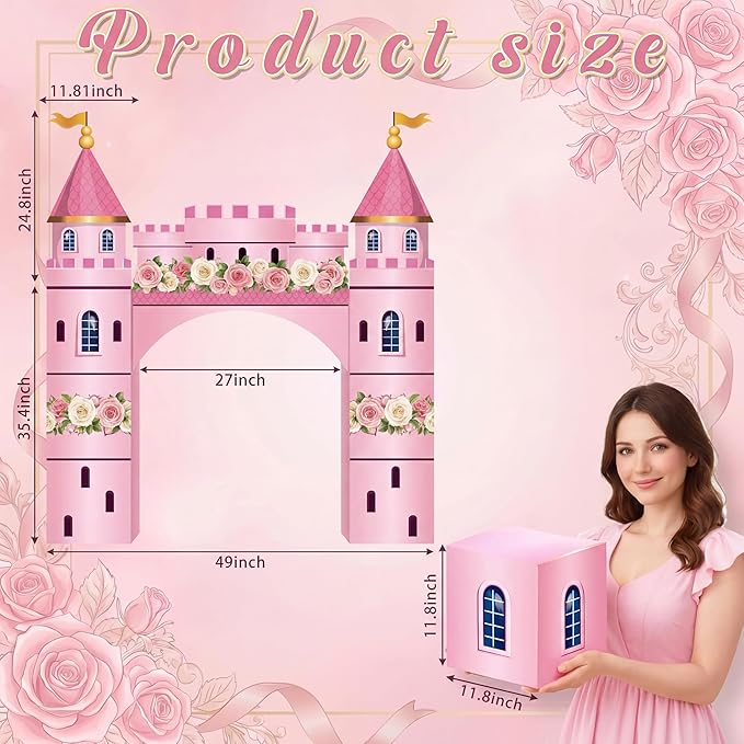 Pajean 9 Pcs Princess Party Decorations 43 x 60 Inch Pink Princess Cardboard Castle Playhouse Kit Floral Castle Fort Set Girl Birthday Centerpiece for Bridal Shower, Tea Party, Wedding Decor