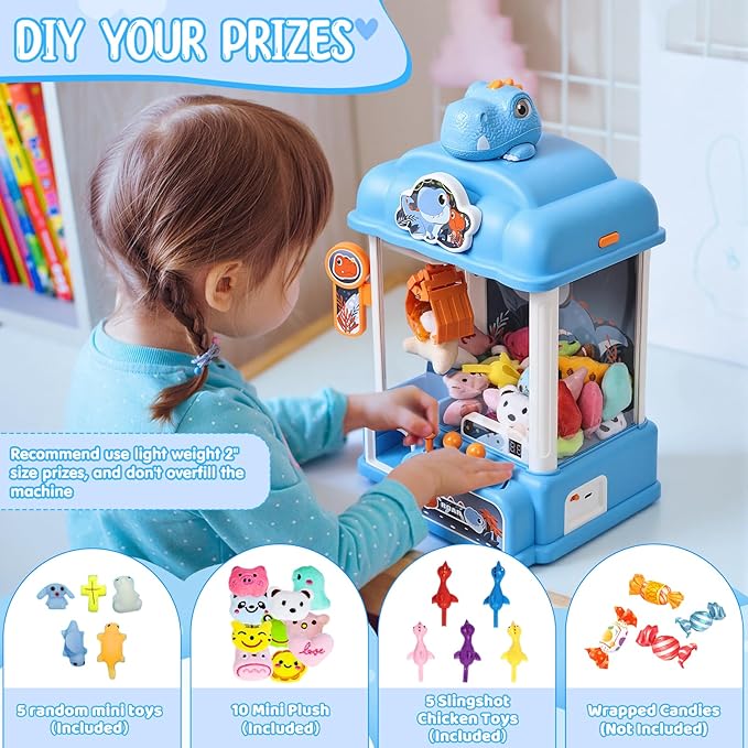 CWLAKON Claw Machine for Kids Boys Dinosaur Toys, Mini Vending Machine with Sound & 20 Mini Toys, Large Candy Grabber Prize Dispenser Electronic Arcade Games, Christmas Birthday Gifts for Boys, Blue