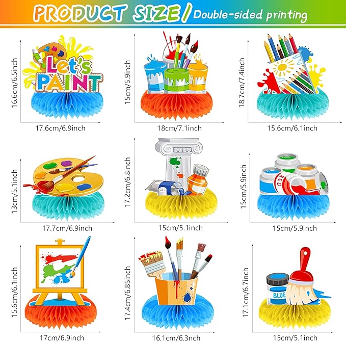 9 Pieces Paint Party Decorations Art Honeycomb Centerpiece Paint Splatter Party Supplies for Art Theme Birthday Baby Shower Decorations