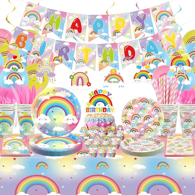 Rainbow Birthday Party Decorations - Rainbow Party Supplies including Banner, Plate, Cake Topper, Cup, Napkin, Balloon, Tablecloth - Serves 20