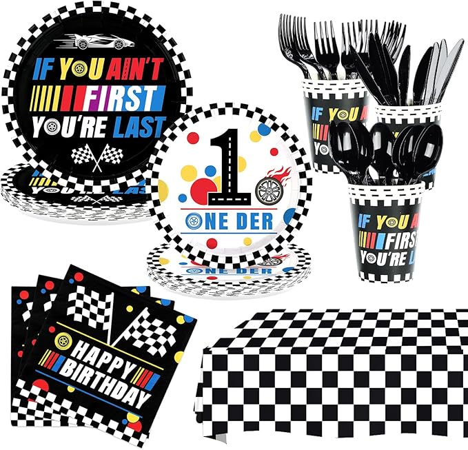 170 Pcs Race Car 1st Birthday Decorations for Boys Fast One Plates and Napkins Racing Cars First Birthday Tableware Set for Boys First Race Car Theme Party Supplies, Serves 24