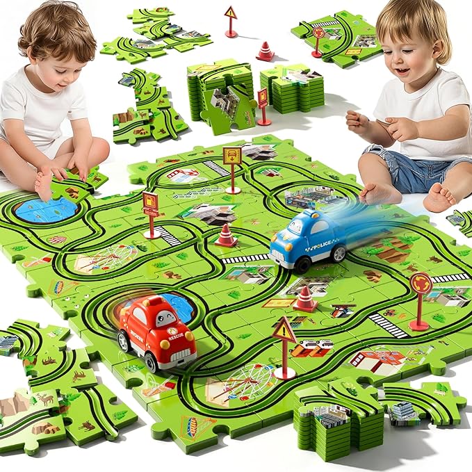 48PCS Puzzle Race Track Car Set for Toddlers Kids Boys, Toddler Toys Birthday Gifts for 3 4 5 6 Years Old Boys and Girls, Floor Puzzle Tracks Car Toys for Ages 3-5 4-6