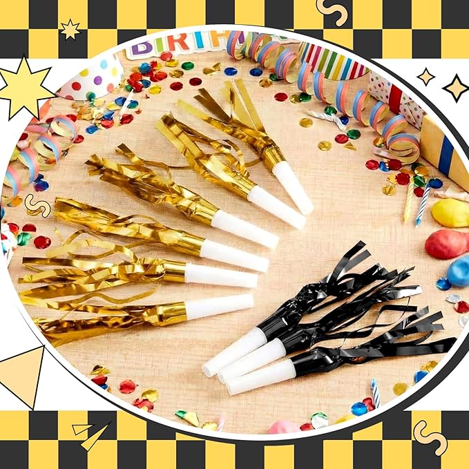 Sumind 24 Pcs Black and Gold Noise Makers Glitter Noise Makers Metallic Fringed Party Blowers for Adults Birthday Graduation Sporting Events 2026 New Years Party Favor Supplies