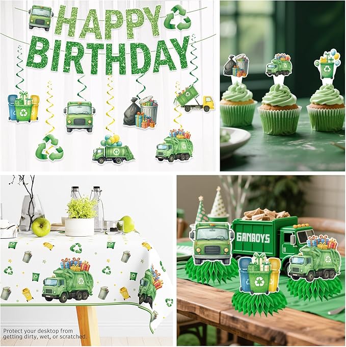 198 Pcs Trash Truck Birthday Decorations Garbage Truck Waste Management Party Supplies Banner Balloons Plates and Napkins Set with 2 Pcs Tablecloth Recycling Rubbish Truck Birthday for Boys Girls