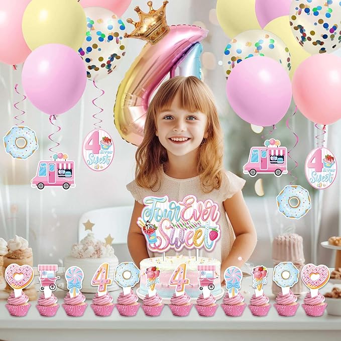Four Ever Sweet Ice Cream Birthday Party Decorations with Donut Banner, Ice Cream Cake Toppers, Foil Balloon Arch for 4 Year Old Macaron Party Supplies