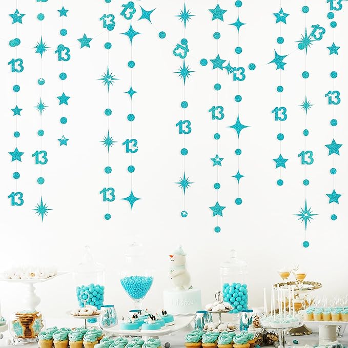 Teal Blue 13th Birthday Decorations Number 13 Circle Dot Star Garland Glitter Streamer Banner Backdrop for Girls Boys Official Teenager Cheers to 13 Years Old Birthday 13th Anniversary Party Supplies