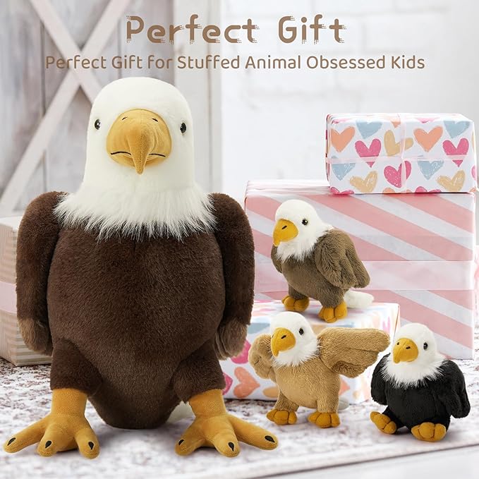 4Pcs Bald Eagle Stuffed Animal, 18 Inch Mommy Eagle Plush with 3 Baby Chicks, Stuffed Bald Eagle Plushie Toy Gifts for Kids
