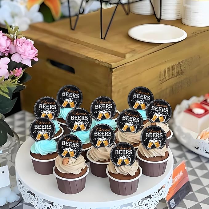 Ercadio 40 PCS Edible Beer Party Cupcake Toppers Cheers and Beers Happy Birthday Party Decorations for Father's Day Whiskey Beer Cake Drink Topper Favor for Summer Family Party Decor Supplies
