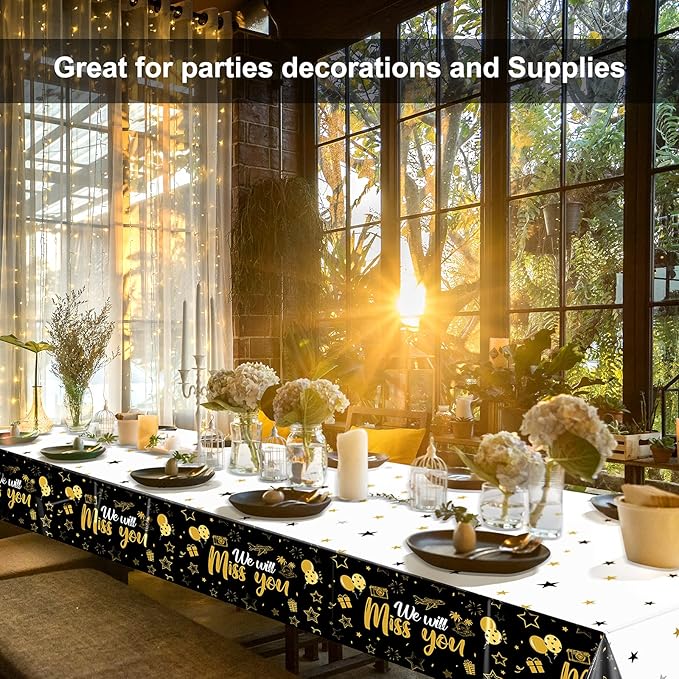 Tatuo 3 Pieces We Will Miss You Tablecloth Going Away Party Decorations Retirement Themed Table Cover Stars Disposable Plastic Table Cloth for Farewell Anniversary Party Supplies (Gold)