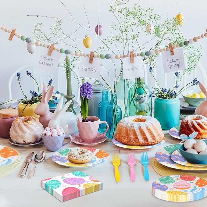 96 Pieces Easter Day Tableware Set Party Supplies - Colorful Eggs Pattern Disposable Dinnerware with Paper Plates, Napkins, Forks for Spring Celebrations Picnic Favors