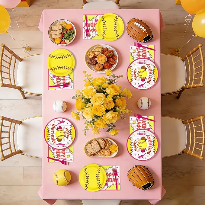 96Pcs Softball Birthday Party Supplies Sport Themed Plates and Napkins Pink Yellow Softball Disposable Paper Tableware Set for Girls Kids Teens Birthday Holiday Party Supplies Serves 24