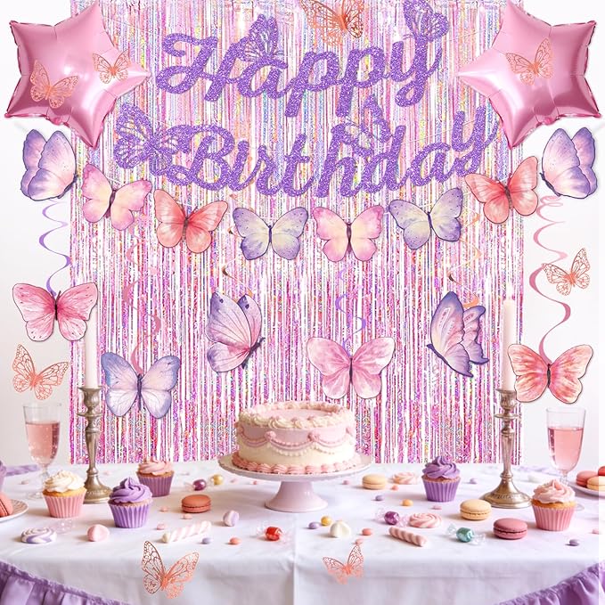 33Pcs Purple Happy Birthday Decorations for Women, Butterflies Birthday Decorations Purple Butterfly Decorations with Banner Hanging Swirl for Women Girl Butterfly Theme Party Supplies