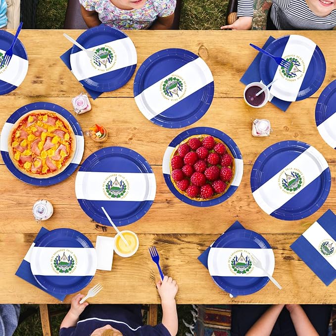 96Pcs El Salvador Flags Party Supplies Salvadoran Flag Plates and Napkins Blue white Flag Tableware Set for National Sports Events Patriotic Festival Birthday Party Supplies，Serves 24