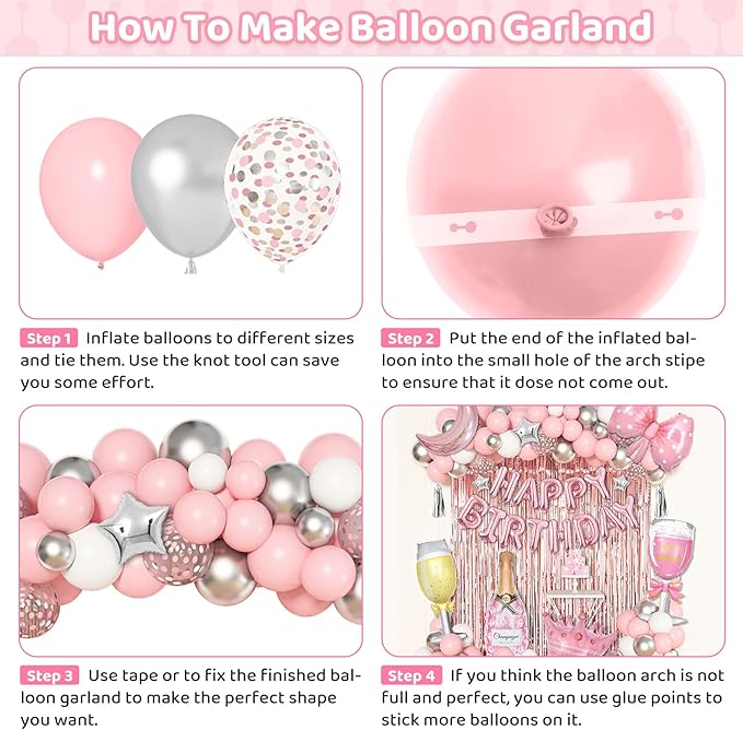 Ouddy Life Pink Happy Birthday Party Decorations for Women Girls, Pink Happy Birthday Love Crown Bow Bottle Lipstick Balloons Fringe Curtain for Princess Birthday Wedding Baby Shower Party Supplies