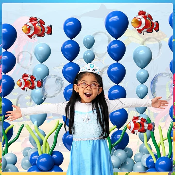 Gejoy 157 Pcs Under The Sea Balloon Decor Kit Ocean Party Baby Shower Decorations, Latex Blue Clear Bubble Green Orange Balloons Aluminum Clownfish for Under Sea Birthday Wedding Stage Party Supplies