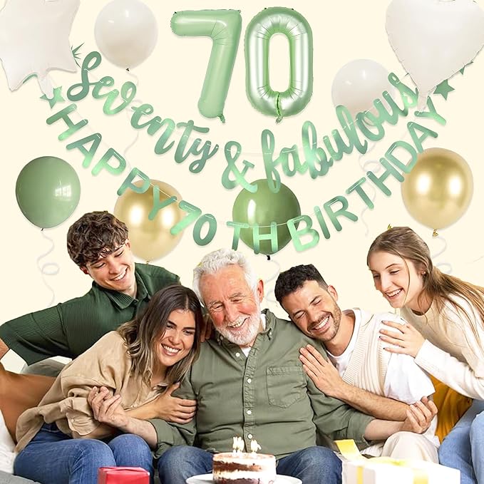 Sage Green Seventy & Fabulous Happy 70th Birthday Banner Garland Foil Balloon 70 for Womens 70th Birthday Decorations Hanging 70 and Fabulous Cheers to 70 Years Old Birthday Party Supplies Backdrop