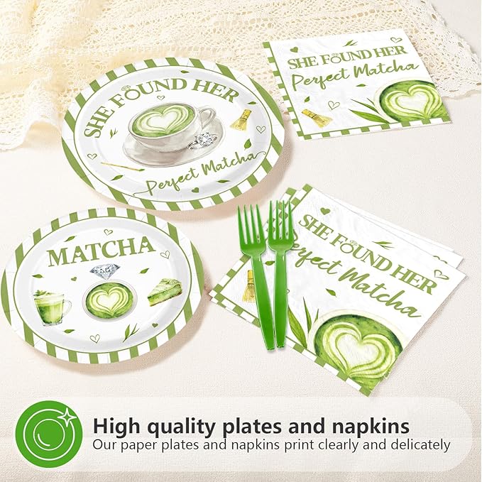 96Pcs Green Matcha Party Supplies She Found Her Perfect Matcha Plates and Napkins Green White Tableware Set for Bridal Shower Wedding Engagement Anniversary Party Decorations Serves 24