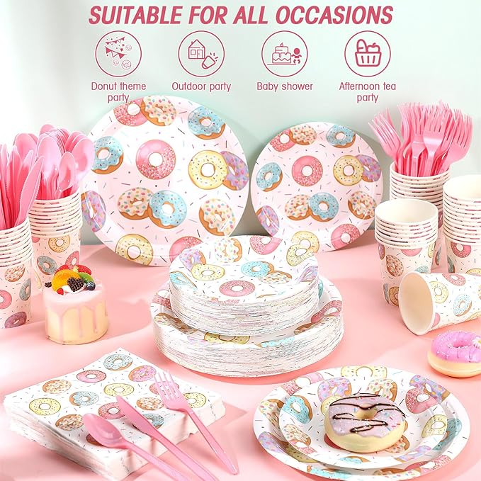 350 Pcs Donut Grow up Party Supplies Tableware Set Disposable 9'' 7'' Paper Plates 9 oz Cups Cutlery Napkins Dinnerware Set for 1st Birthday, Serve 50 (Donut Grow Up, Macron Color)