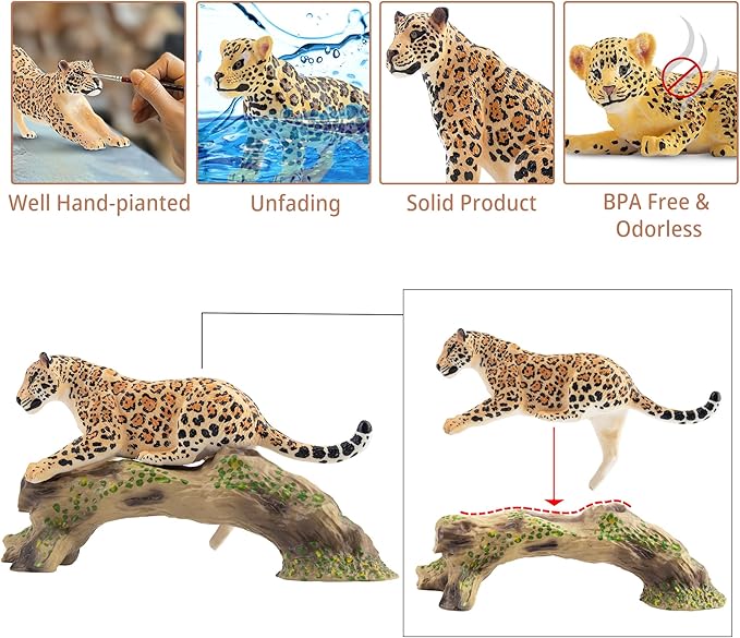 Toymany 7PCS Leopards Figurines with Leopards Cub and Tree Trunk, Realistic Jungle Animals Figures Family Playset, Educational Toy Cake Toppers