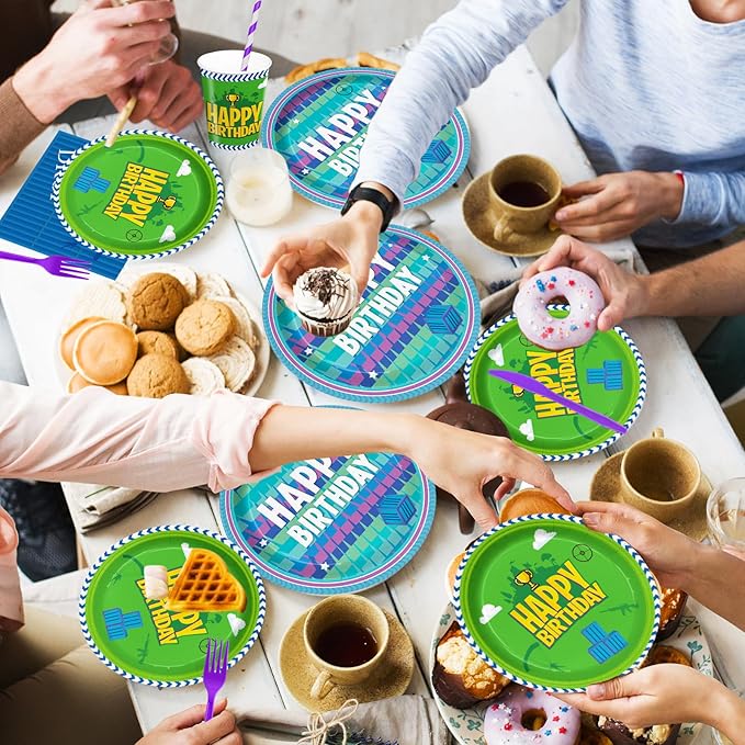Video Games Party Tableware Supplies，Including Paper Plates Napkins Cups Forks Knives and Straw Video Games Theme Party Birthday Decorations Serve 24 Guests