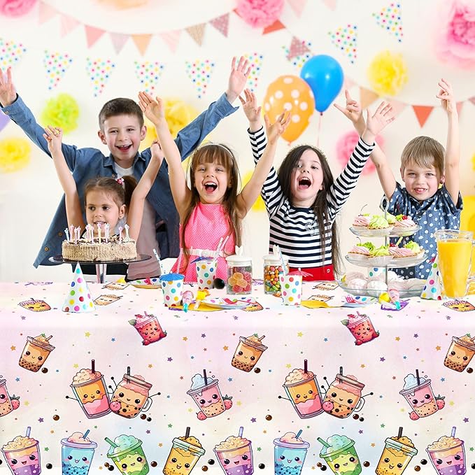 Boba Tea Party Decorations,3pcs Bubble Tea Birthday Tablecloths Waterproof Plastic Boba Table Covers for Boba Party Decorations