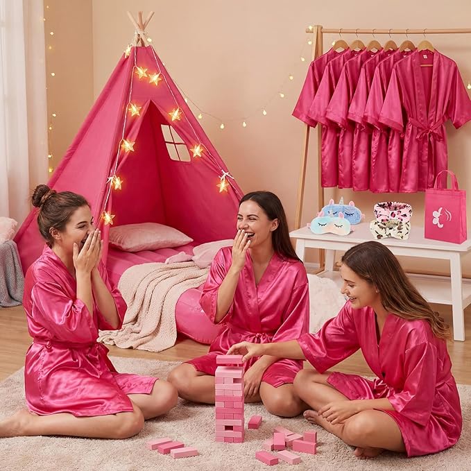 6 Set Sleepovers Teepee Tents Spa Party Robes Supplies Bulk with Inflatable Airbed and Light String, Party Supplies for Birthday Movie Spa Favors Gifts Indoor Outdoor (6 Rose Red)