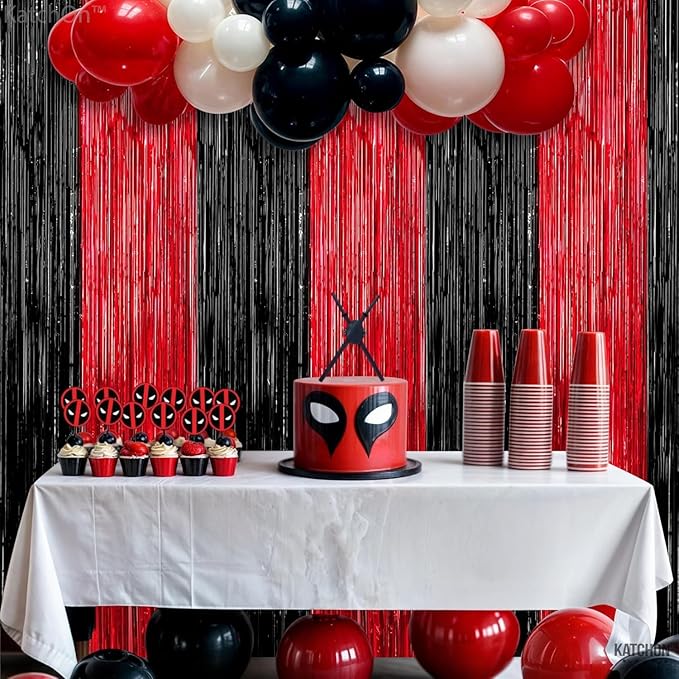 KatchOn Red and Black Fringe Curtain - 6.4x8 Ft Pack of 2 | Red and Black Streamers for Casino Theme Party Decorations | Foil Fringe for Anniversary, Bachelorette, Birthday Decorations