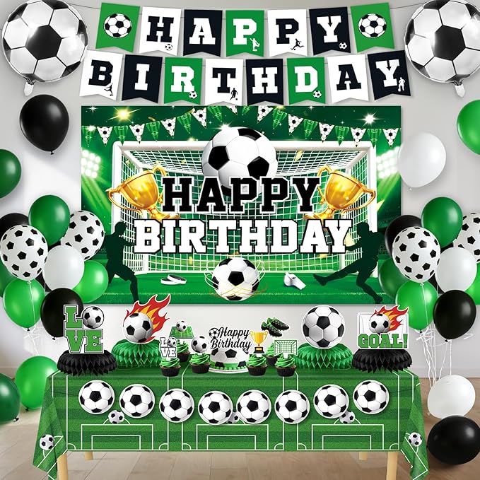 Soccer Birthday Party Decorations, 44Pcs Soccer Party Decorations Included Foil & Latex Balloons Happy Birthday Backdrop Tablecloth Cake Toppers Honeycomb Centerpieces for Boys’ Soccer Party Supplies