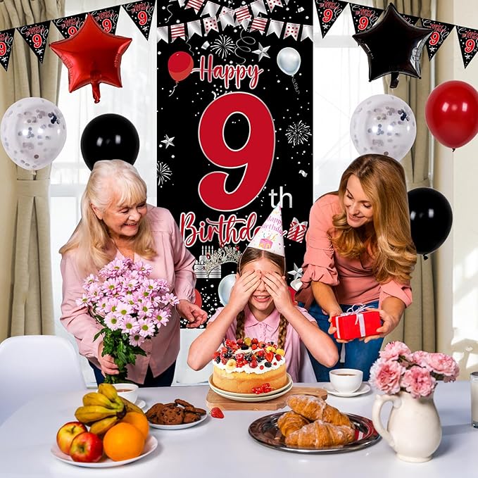 9th Birthday Decorations for Boys Girls, Red Black Happy 9th Birthday Decorations, Boy 9 Year Old Bday Door Banner, Triangle Flag, Large Number 9 Balloons Bday Party Decoration for Kids