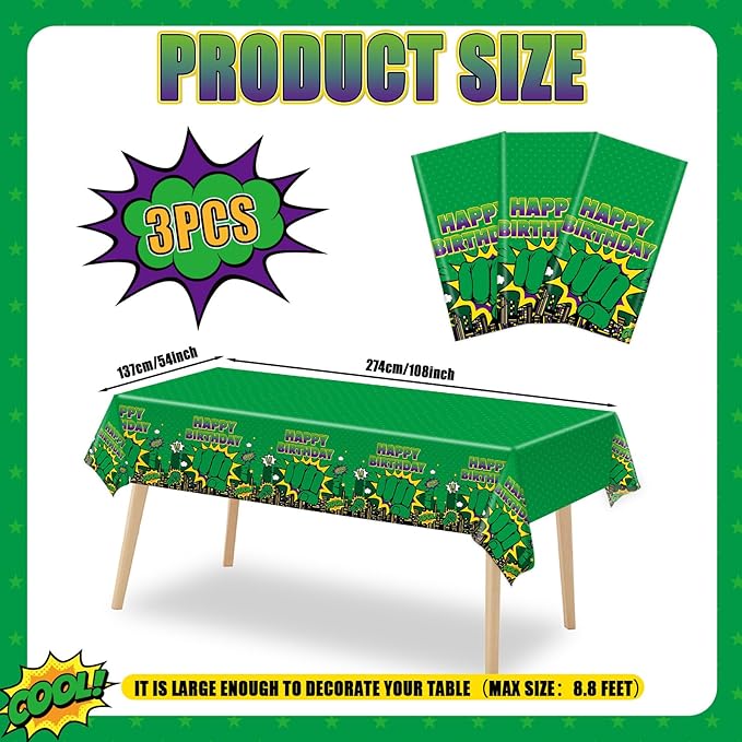 3 Pcs Green Hero Birthday Party Supplies Super Theme Birthday Tablecloths Cartoon Green Hero Table Covers for Kid City Cityscape Theme Bday Baby Shower Table Party Decoration 54 x 108 Inch
