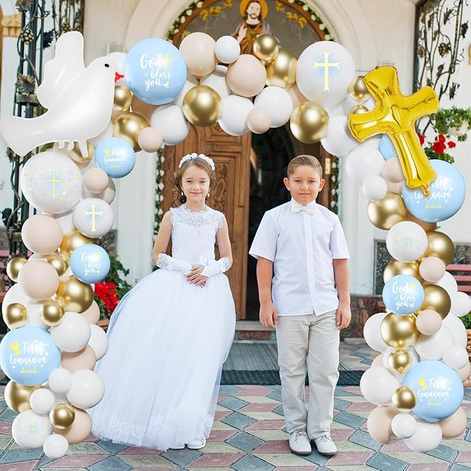 169 Pcs First Communion Decorations Balloons Kit Baptism Party Decorations Blue Metallic Gold Balloons Arch Kit First Holy Communion Decor for God Bless Christening Birthday Theme Party Supplies
