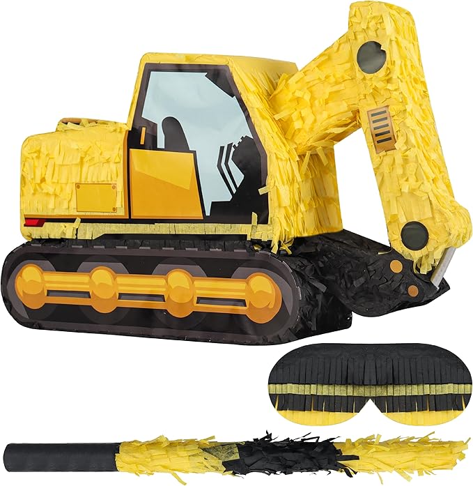 Excavator Pinatas Bundle with a Blindfold and Bat (16.5x11x4.7 inch), Pinata for Construction Theme Birthday Parties, Boys Birthday Party Supplies, Decoration