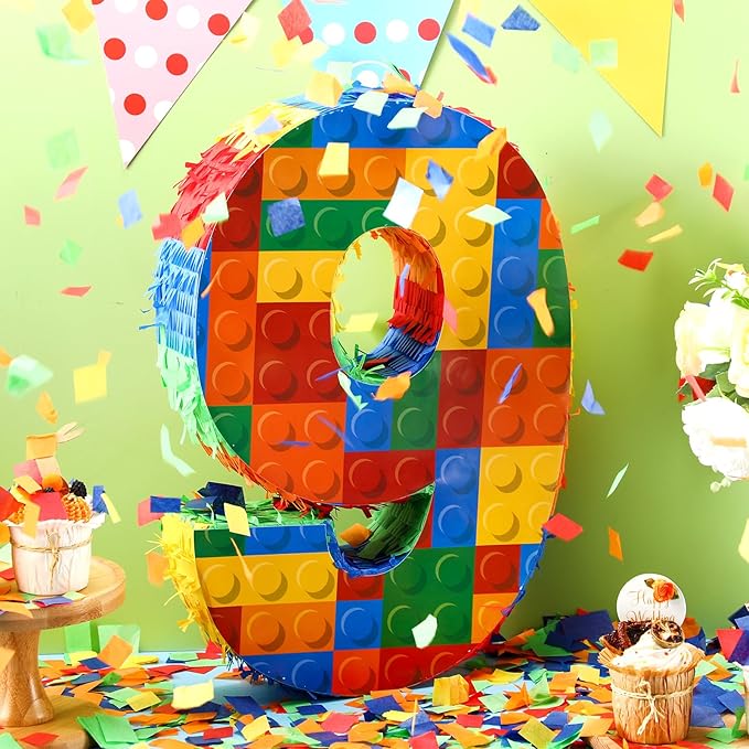 Number 9 Building Blocks Piñata 16.5 Inch 5th Birthday Party Supplies Party Decorations Piñata with Confetti Blocks Theme Fiesta Anniversary Celebration
