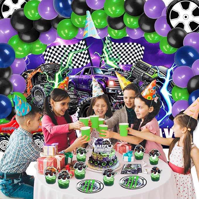 150Pcs Monster Truck Birthday Decorations，Monster Truck Party decorations，Monster Truck Birthday Party Supplies，Include Balloon arch,Backdrop, Cake Toppers，Tableware, Tablecloth