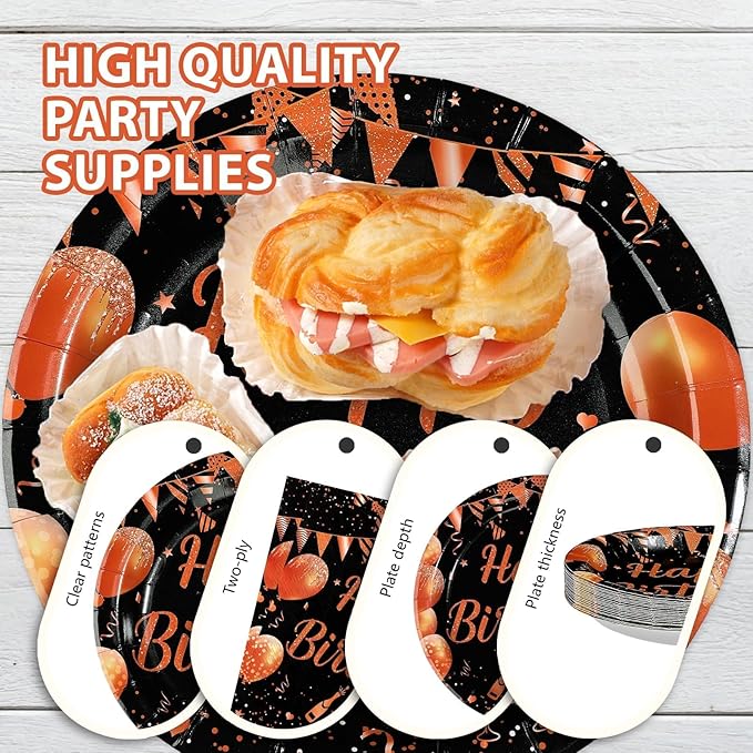 96Pcs Orange Black Happy Birthday Party Decorations Black and Gold Plates and Napkins Disposable Whiskey Bday Tableware Set for Women Girls Kids Boys Men Birthday Baby Shower Party Supplies Serves 24