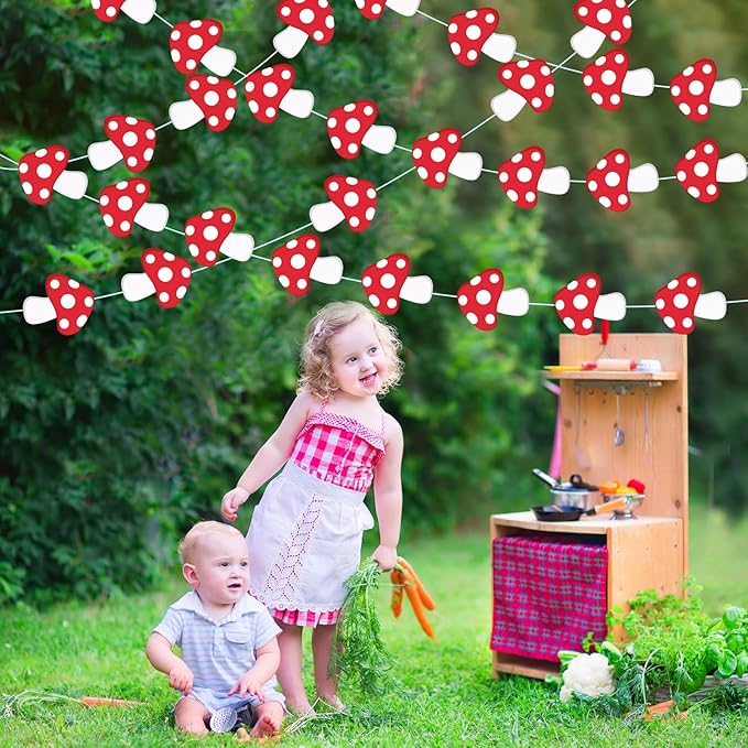 8 Pcs Mushroom Party Decorations Red Mushroom Shaped Garland Banner Forest Jungle Wonderland Paper Cutouts for Fairy Baby Shower Wild Birthday Party Favors Supplies