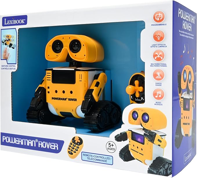 LEXiBOOK, Powerman® Rover, Your Adorable Remote-Controlled Robot Companion, Remote and Gesture Control, Plays Music and Dances, Repeats After You, Light and Sound Effects, STEM programmable, ROB14