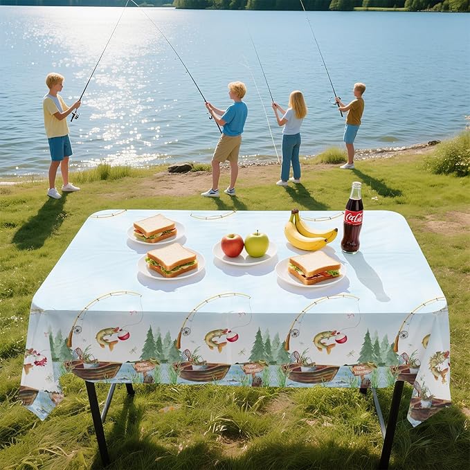 3Pcs Gone Fishing Party Tablecloth Fishing Birthday Plastic Table Cover Waterproof Little Fisherman Baby Shower Disposable Table Cloth for Ofishally One Retirement Party Decorations, 54 x 108 Inch