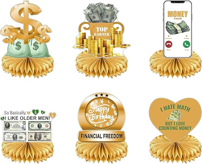 Hilarious 6Pcs Money Themed Birthday Party Honeycomb Centerpieces Bill Dollar Party Table Decorations Table Topper for Birthdays Casino Weddings Bachelorette Graduations Party Supplies
