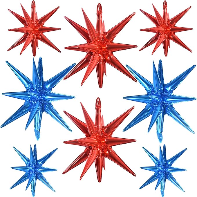 TONIFUL 8 Pcs Blue Red Star Foil Balloons Large Explosion Star Mylar Decorations for Party Backdrop Christmas New Year Birthday Wedding Baby Shower Anniversary Photo Booth Supplies
